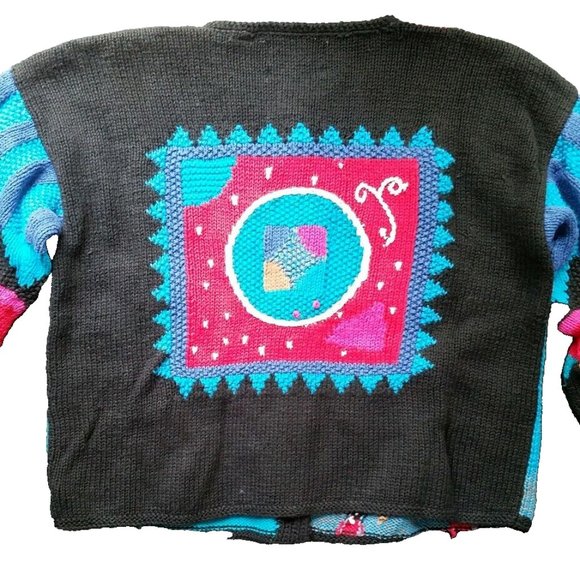 Vintage Segrets Sun Prints Hand Knitted Tribal Button Cardigan Sweater Medium - Picture 2 of 8